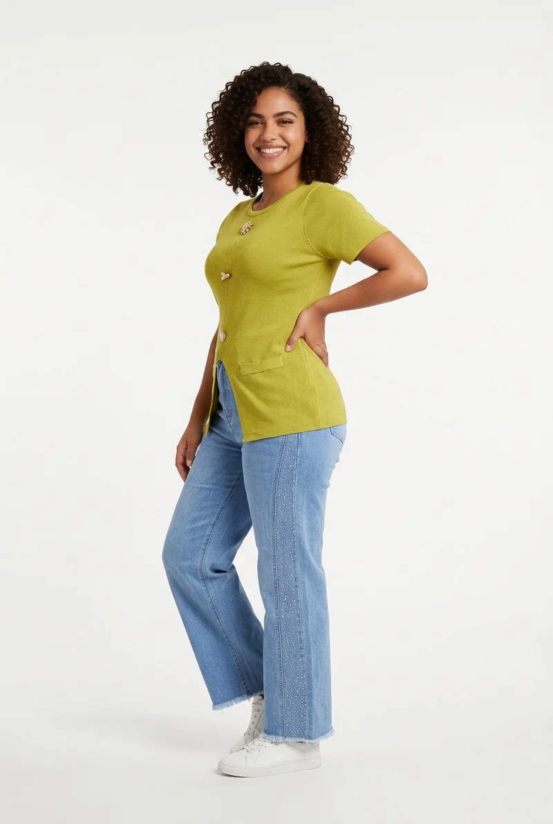 Stylish Sisters Crew Neck Gold Button Detailed Slit Top - Luminous Green