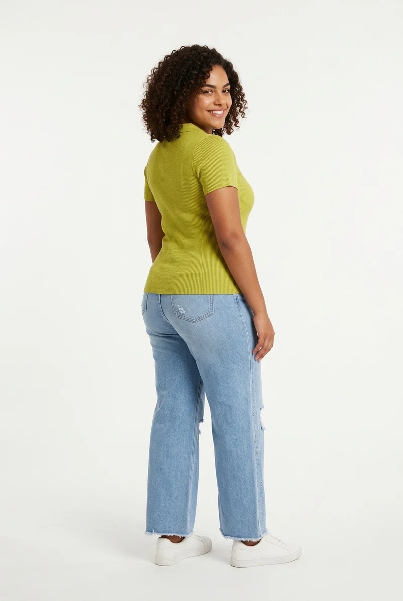 Stylish Sisters Crew Neck Gold Button Detailed Slit Top - Luminous Green