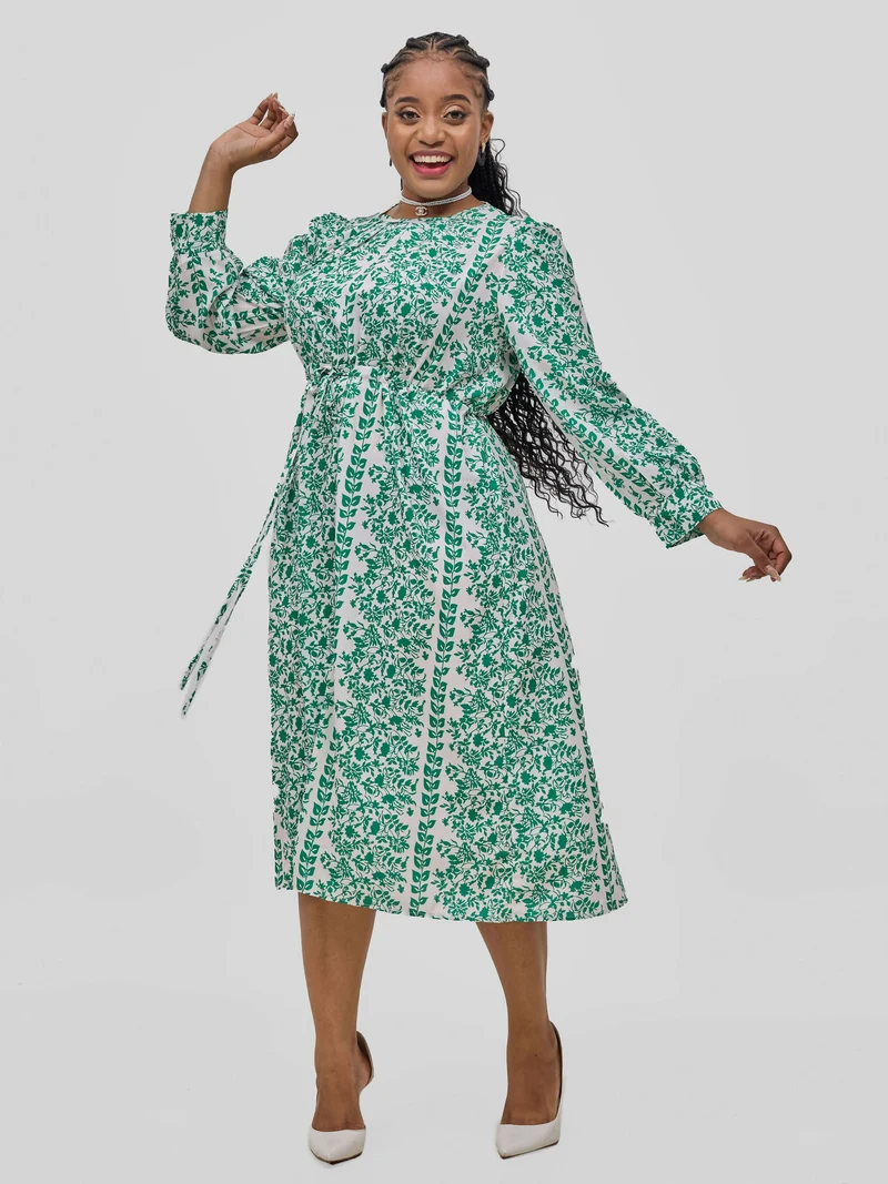 Hessed Long Sleeved Floral Print Round Neck Dress - Green