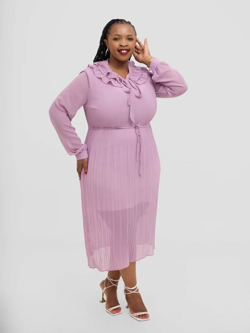 Hessed Long Sleeved Ruffless Pleated Round Collar Dress - Pink