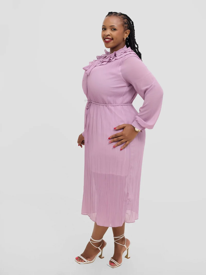 Hessed Long Sleeved Ruffless Pleated Round Collar Dress - Pink