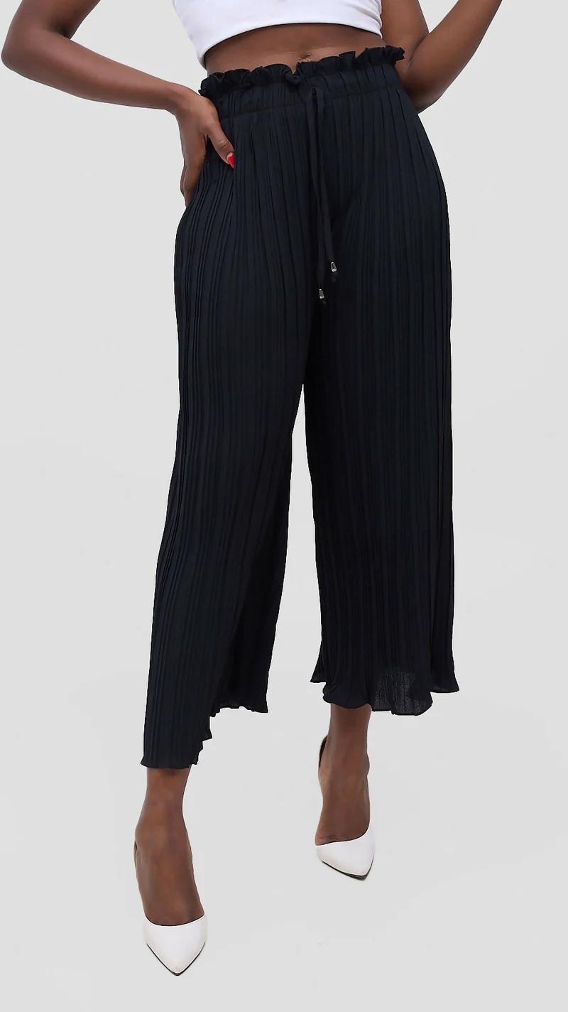 Hessed Long Loose Fit Pleated Culotte Pant - Black