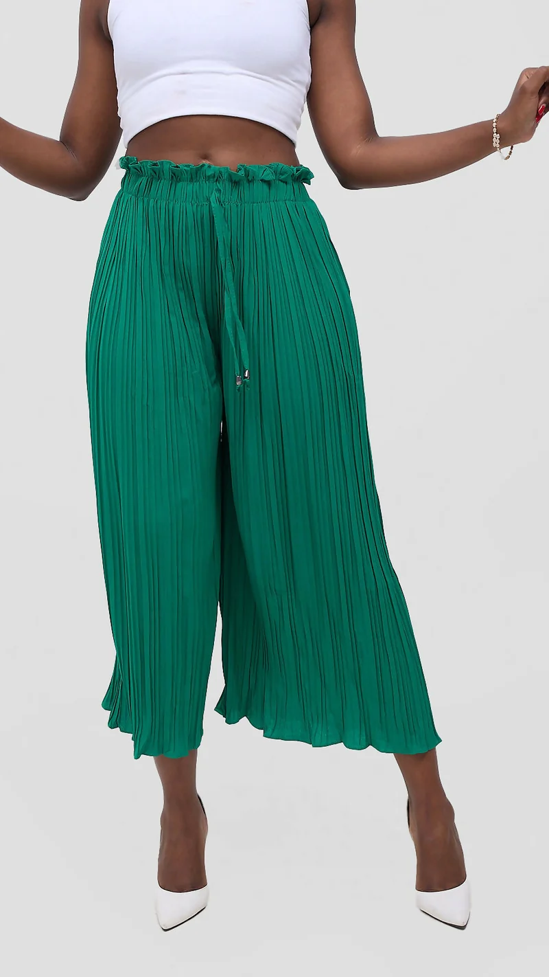 Hessed Long Loose Fit Pleated Culotte Pant - Green