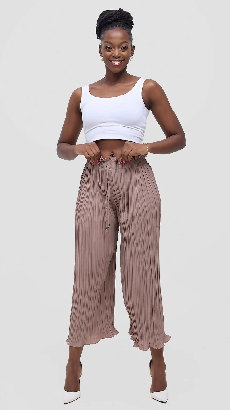 Hessed Long Loose Fit Pleated Culotte Pant - Brown