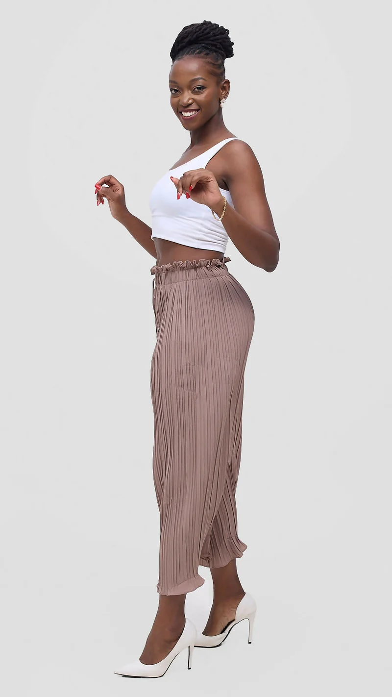 Hessed Long Loose Fit Pleated Culotte Pant - Brown