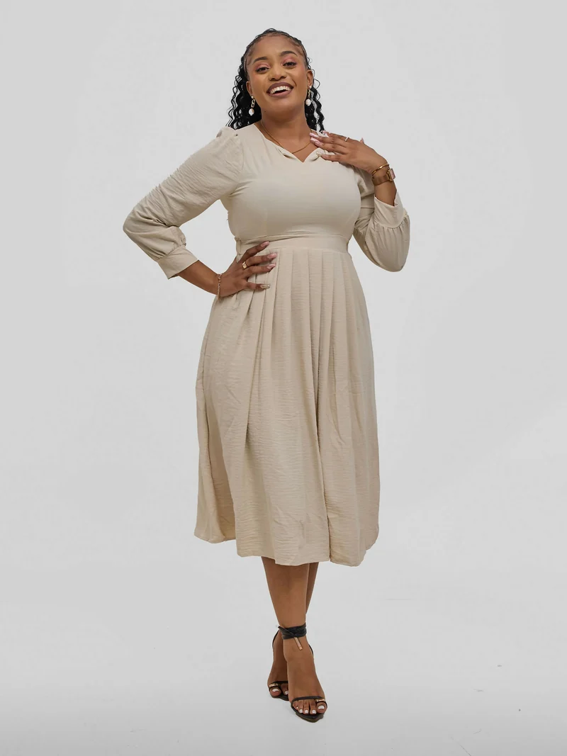 Hessed V-Neck Pleated Long Sleeved Dress - Biege