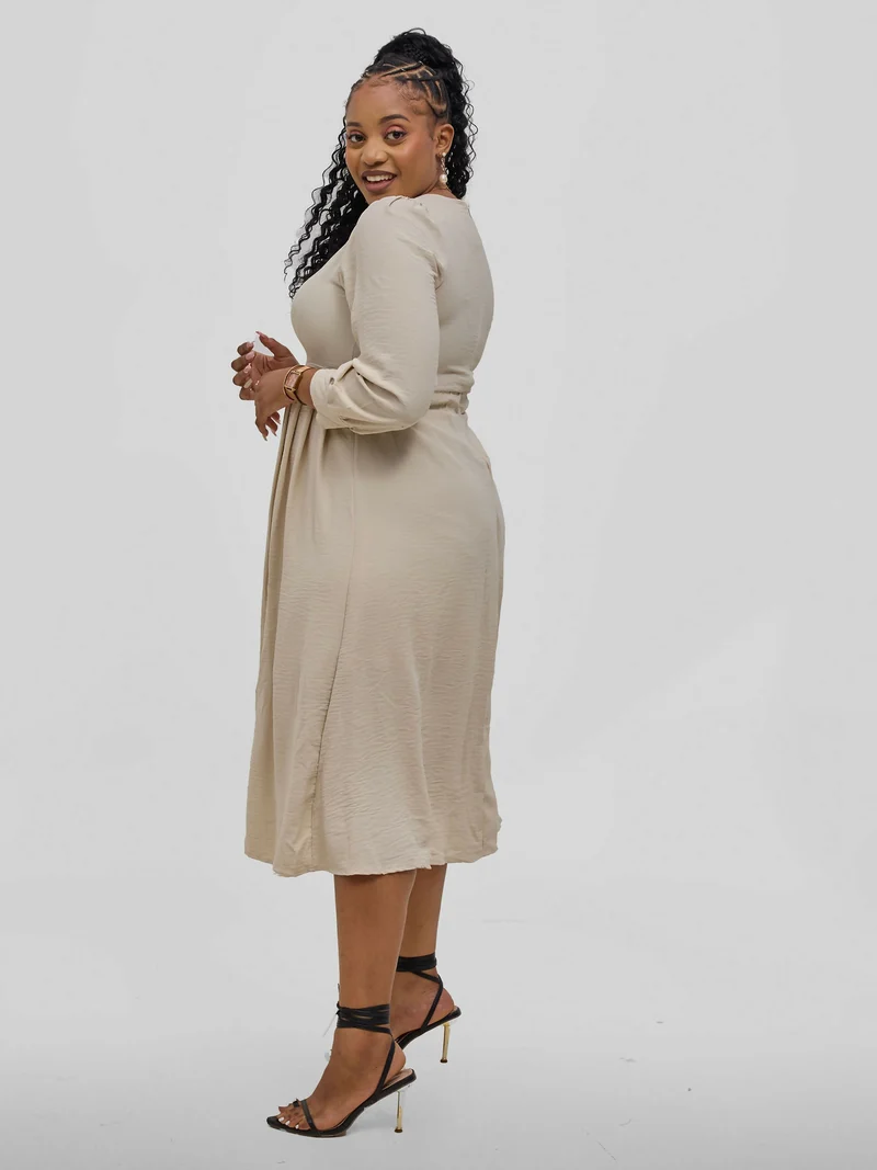 Hessed V-Neck Pleated Long Sleeved Dress - Biege