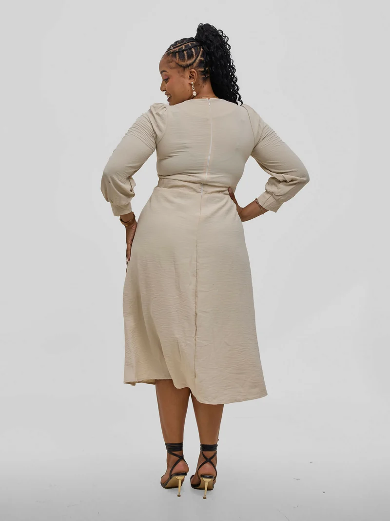 Hessed V-Neck Pleated Long Sleeved Dress - Biege