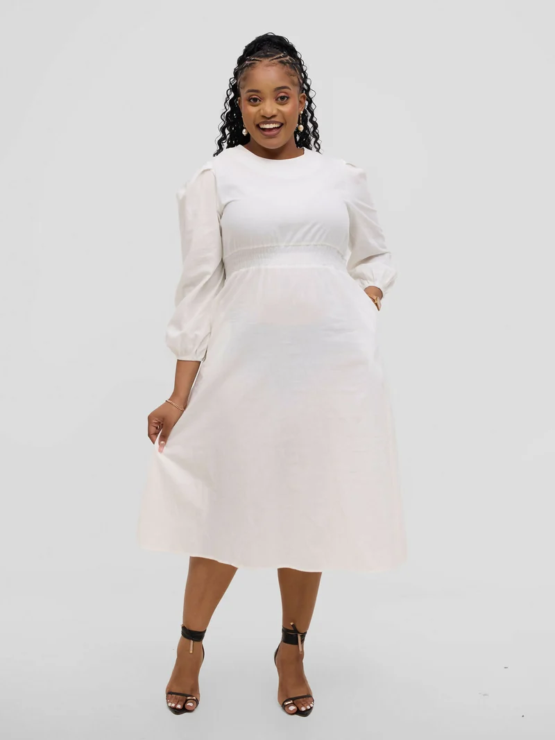 Hessed Round Neck Aline Long Sleeved Dress - White