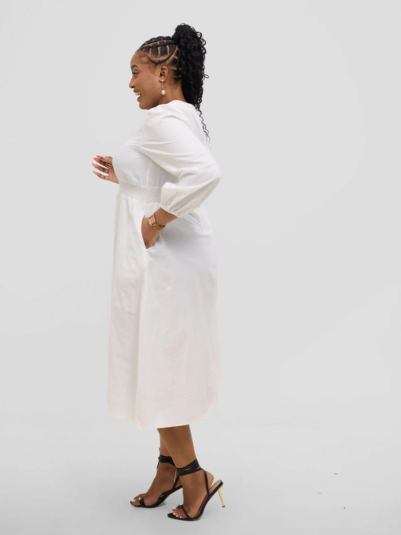 Hessed Round Neck Aline Long Sleeved Dress - White