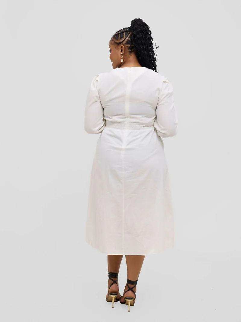 Hessed Round Neck Aline Long Sleeved Dress - White