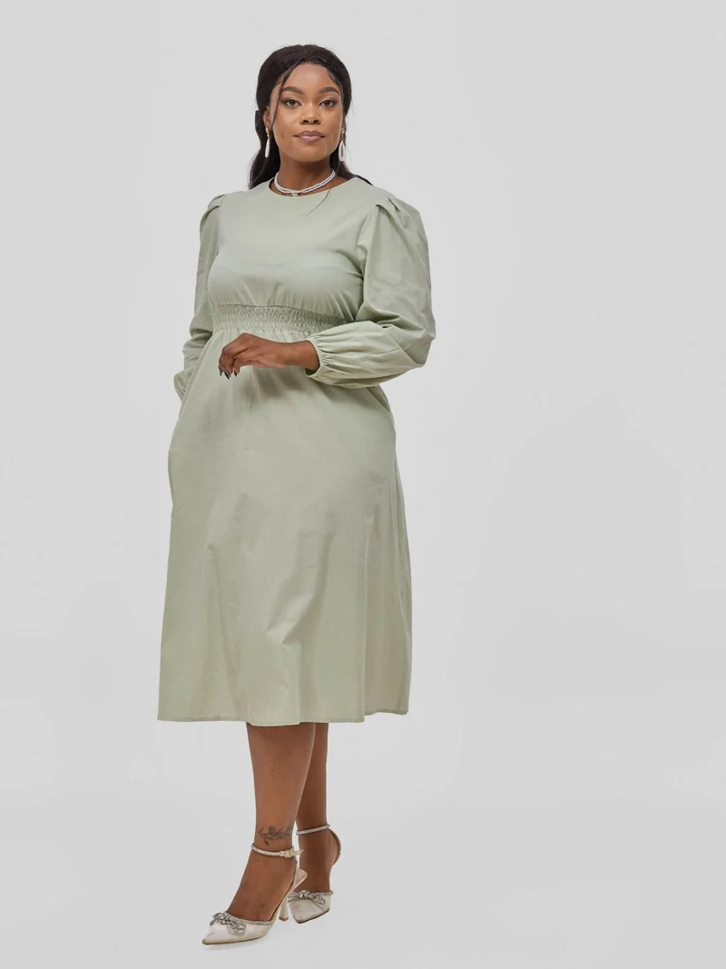 Hessed Round Neck Aline Long Sleeved Dress - Green