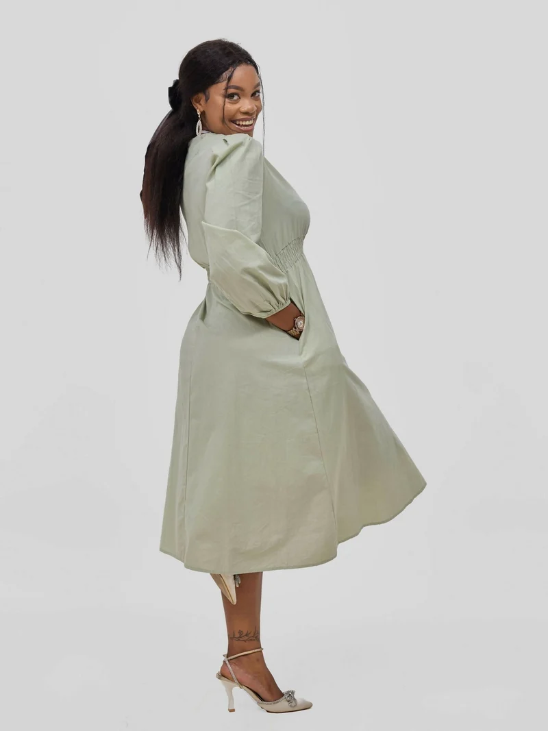 Hessed Round Neck Aline Long Sleeved Dress - Green