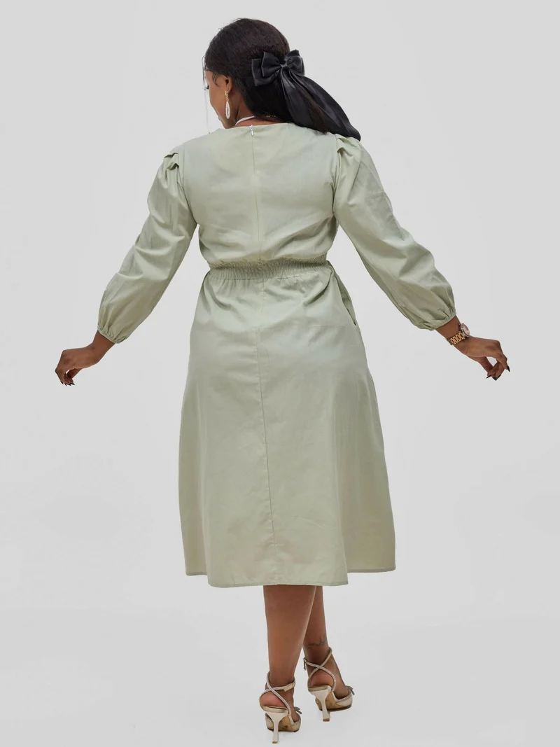 Hessed Round Neck Aline Long Sleeved Dress - Green