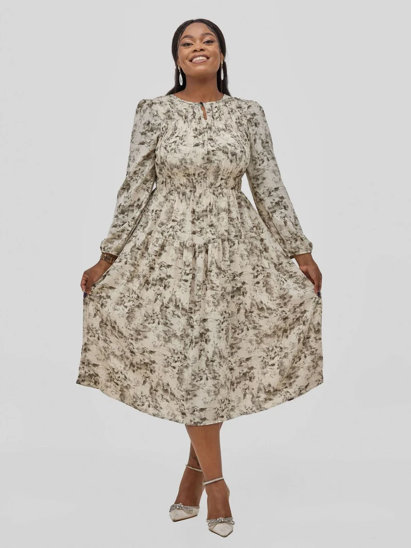 Hessed Floral Prints A Line Round Neck One Buttoned Dress - Beige