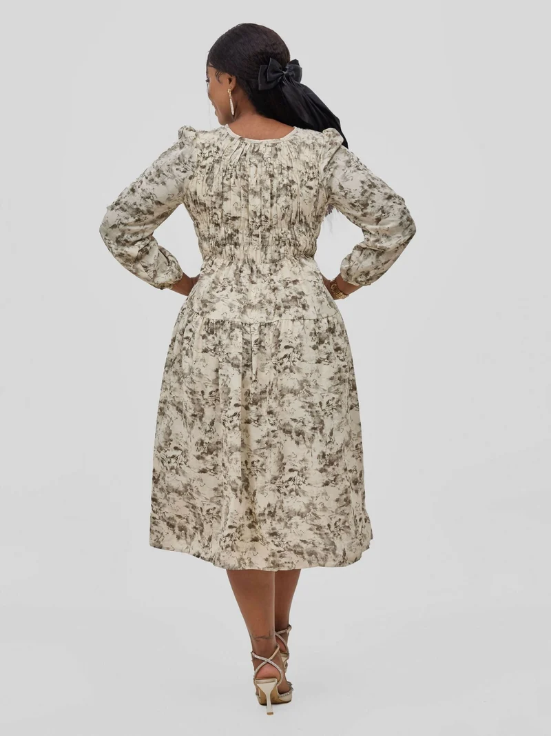 Hessed Floral Prints A Line Round Neck One Buttoned Dress - Beige