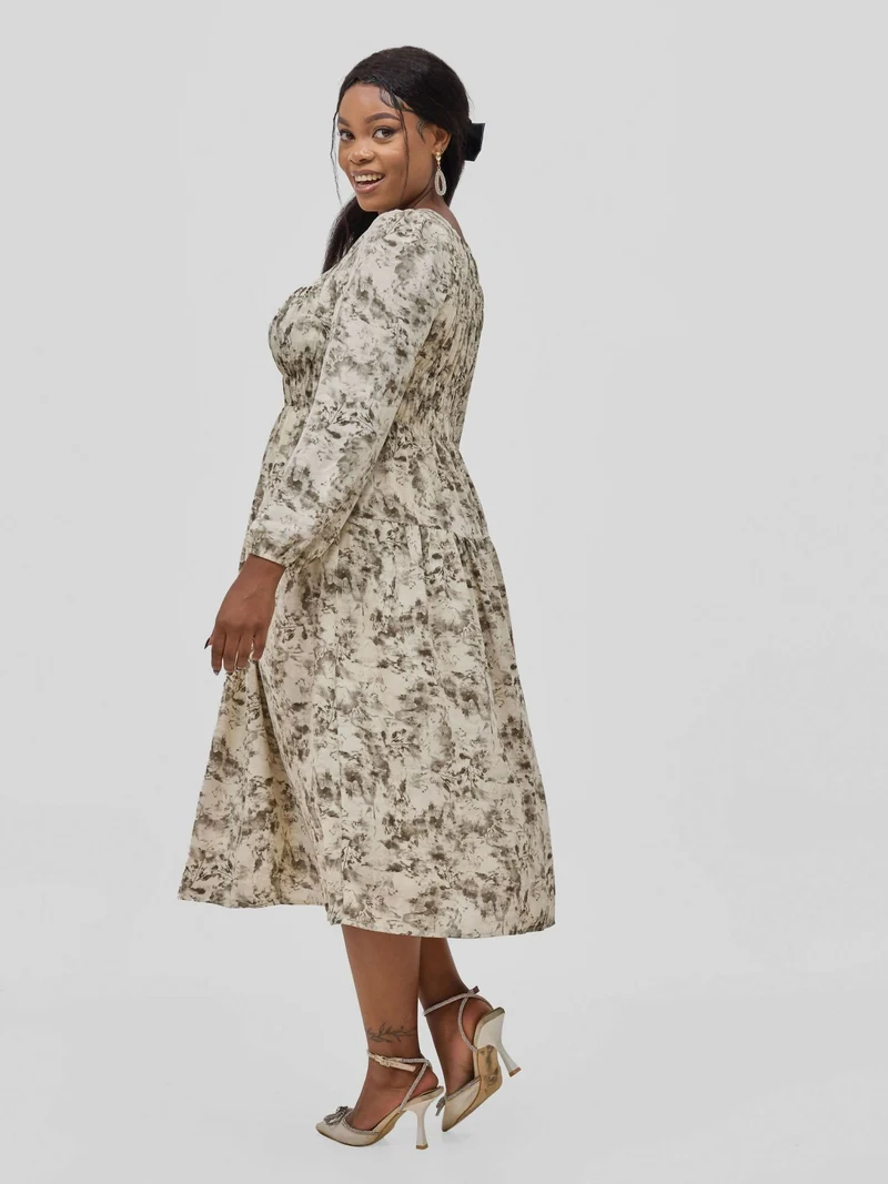 Hessed Floral Prints A Line Round Neck One Buttoned Dress - Beige