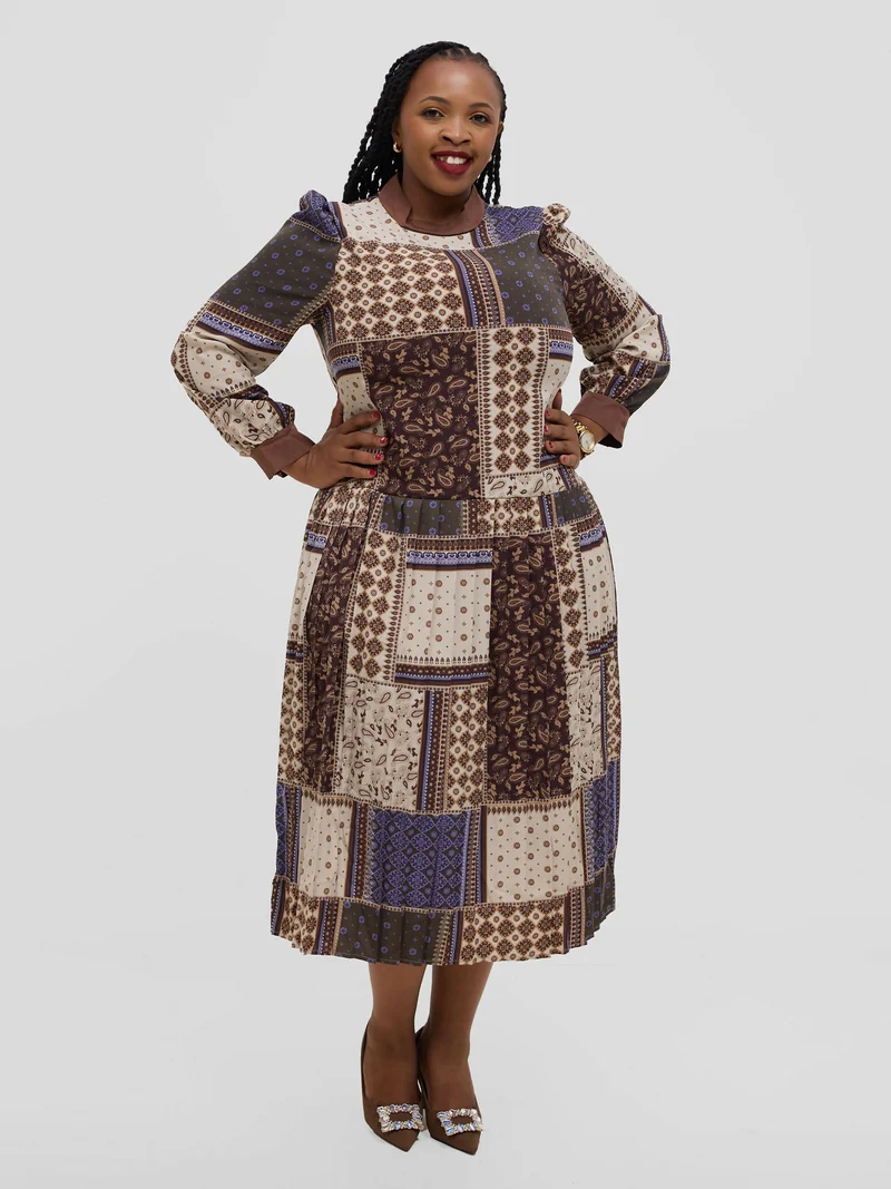 Hessed Floral Long Sleeve Pleated Dress - Brown