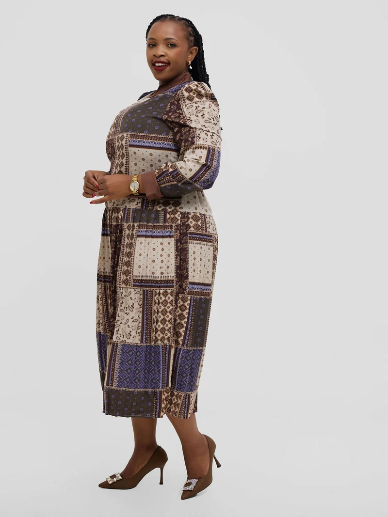 Hessed Floral Long Sleeve Pleated Dress - Brown