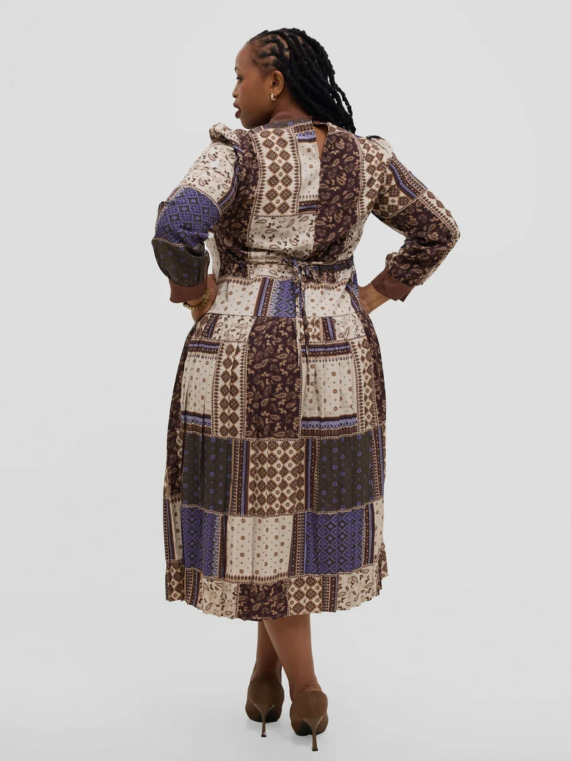 Hessed Floral Long Sleeve Pleated Dress - Brown