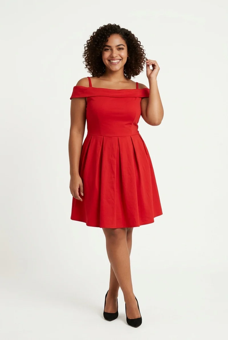 Stylish Sisters Off-Shoulder Strappy Pleated Mini Dress - Red