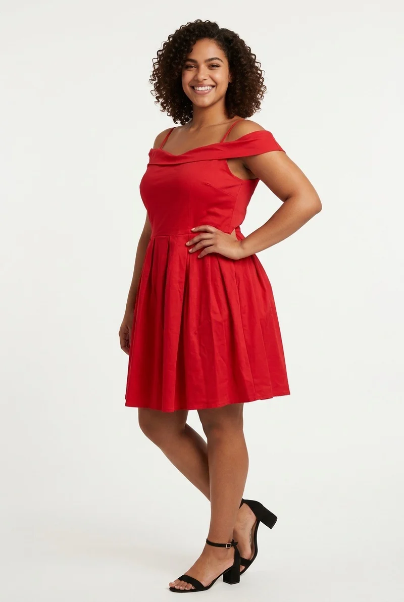 Stylish Sisters Off-Shoulder Strappy Pleated Mini Dress - Red