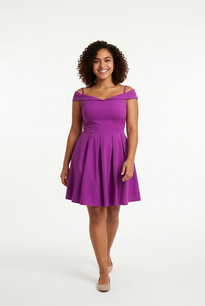 Stylish Sisters Off-Shoulder Strappy Pleated Mini Dress - Purple