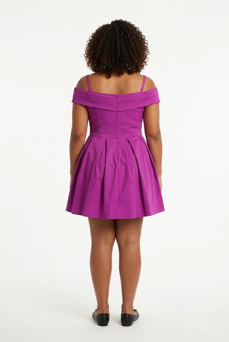 Stylish Sisters Off-Shoulder Strappy Pleated Mini Dress - Purple