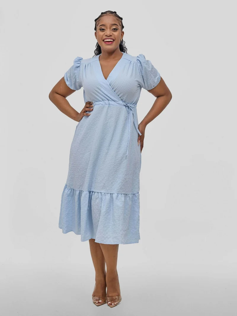 Hessed V-Neck Short Sleeved Wrap Dress - Blue
