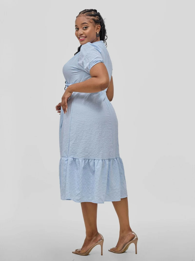 Hessed V-Neck Short Sleeved Wrap Dress - Blue