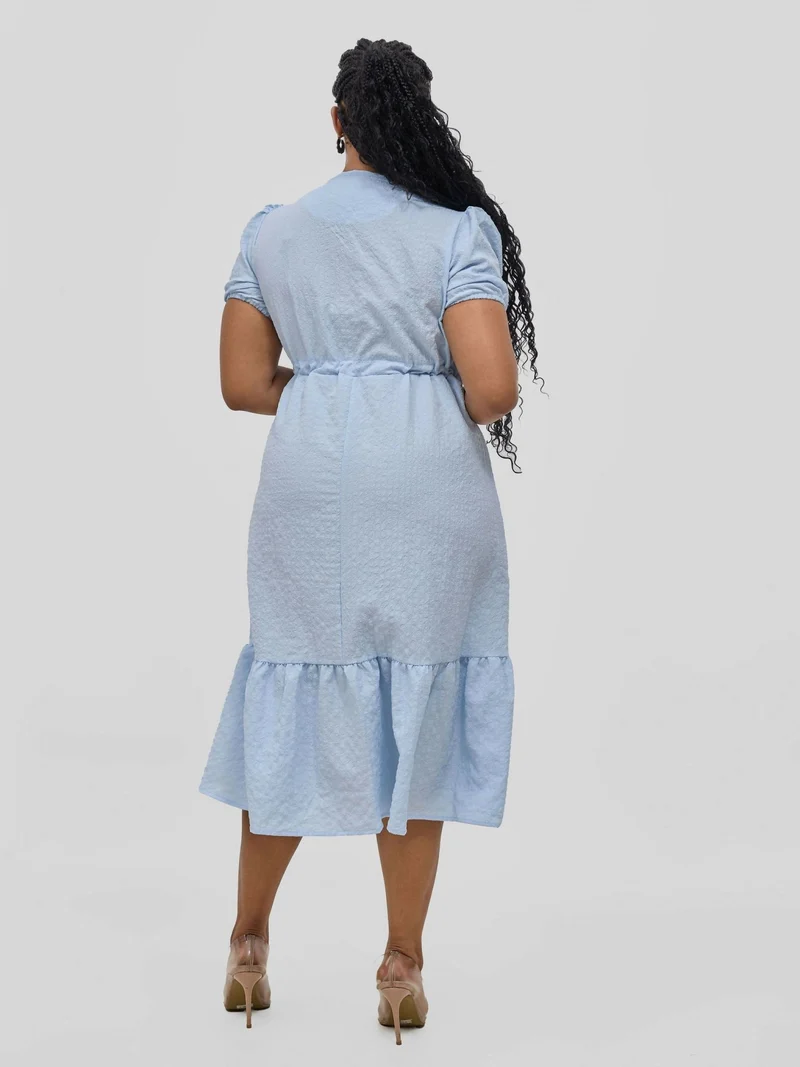 Hessed V-Neck Short Sleeved Wrap Dress - Blue