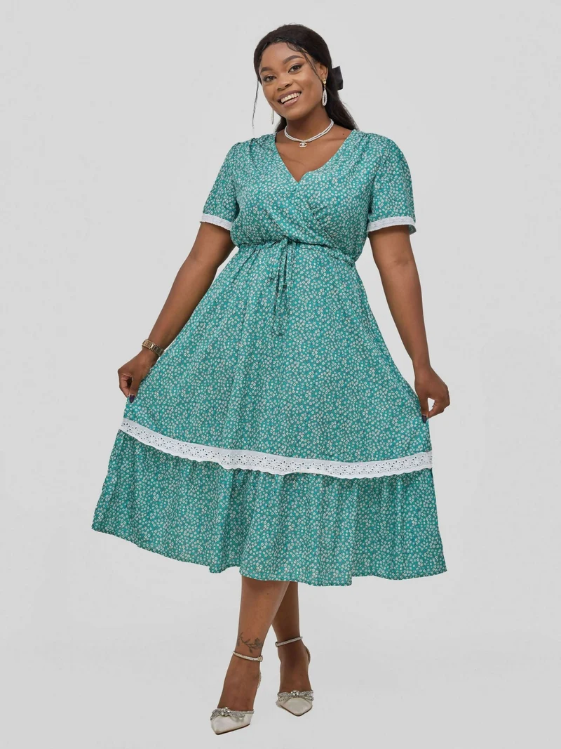 Hessed Wrap V - Neck Short Sleeve Floral With Belt Dress - Blue