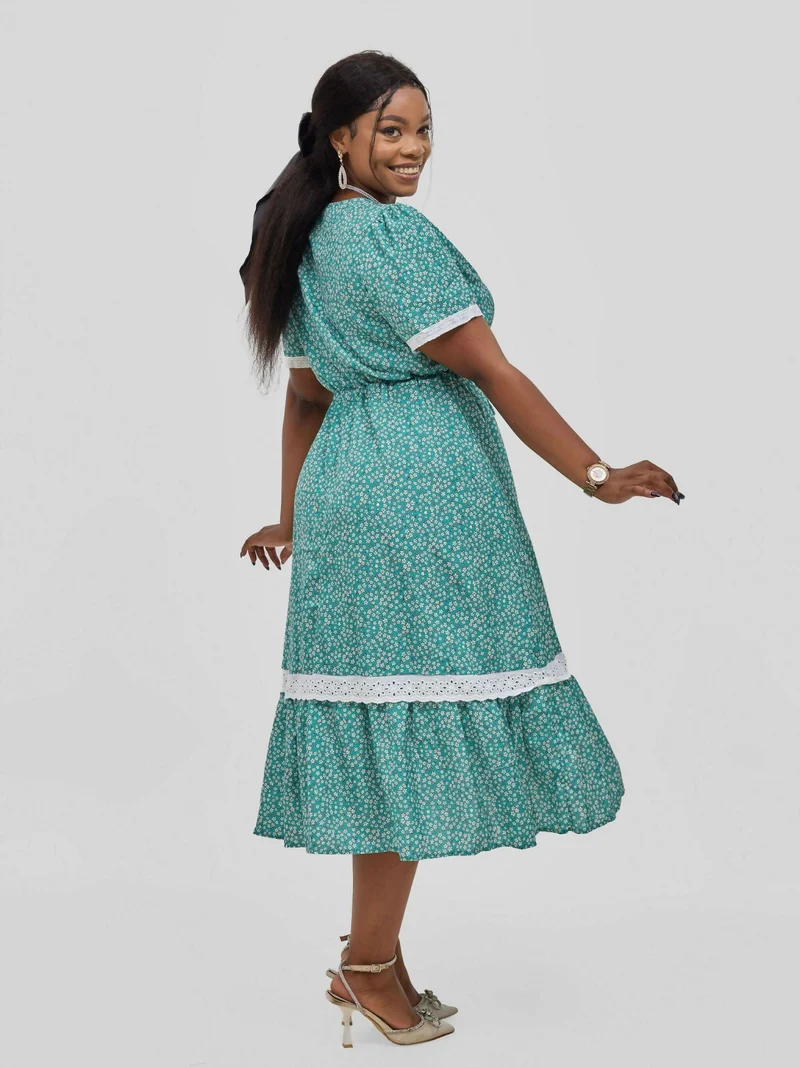 Hessed Wrap V - Neck Short Sleeve Floral With Belt Dress - Blue