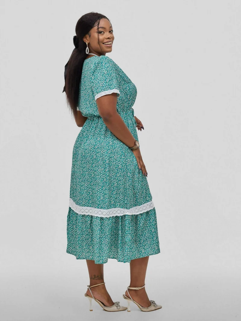 Hessed Wrap V - Neck Short Sleeve Floral With Belt Dress - Blue