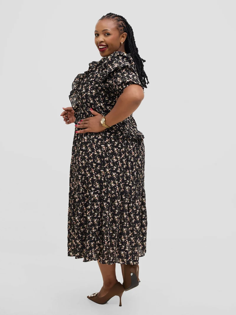 Hessed Floral Ruffle Short Sleeve Dress - Black