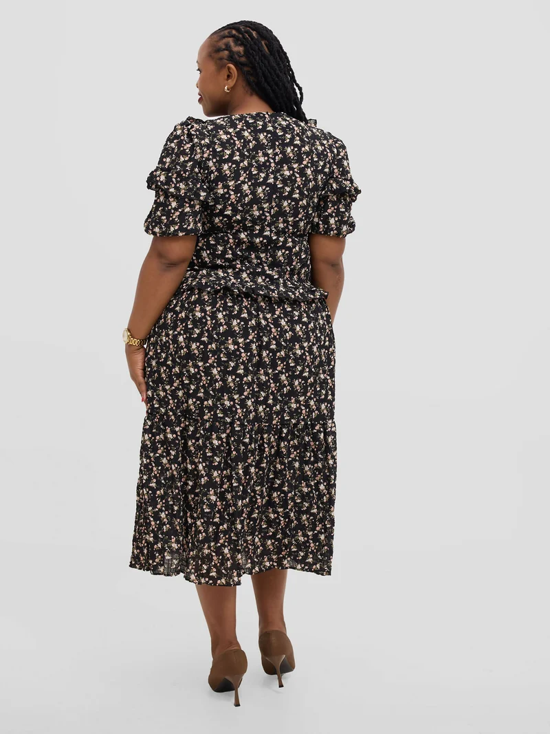 Hessed Floral Ruffle Short Sleeve Dress - Black