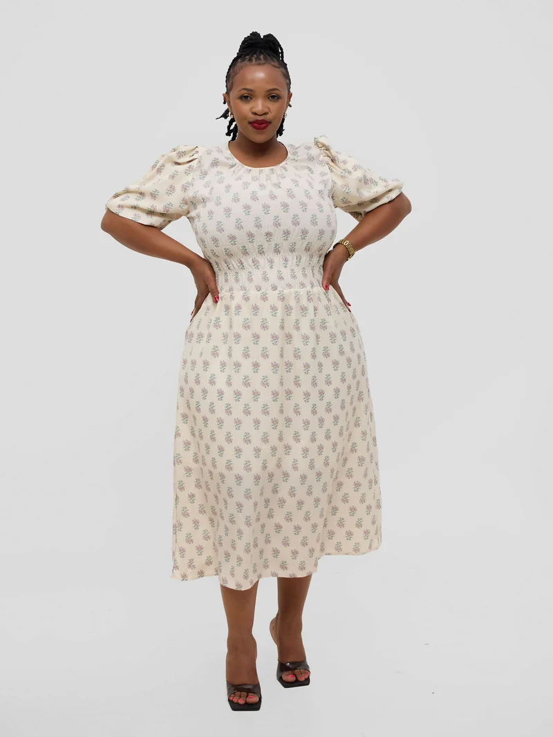 Hessed Floral Puff Short Sleeve A Line Round Neck Dress - Cream