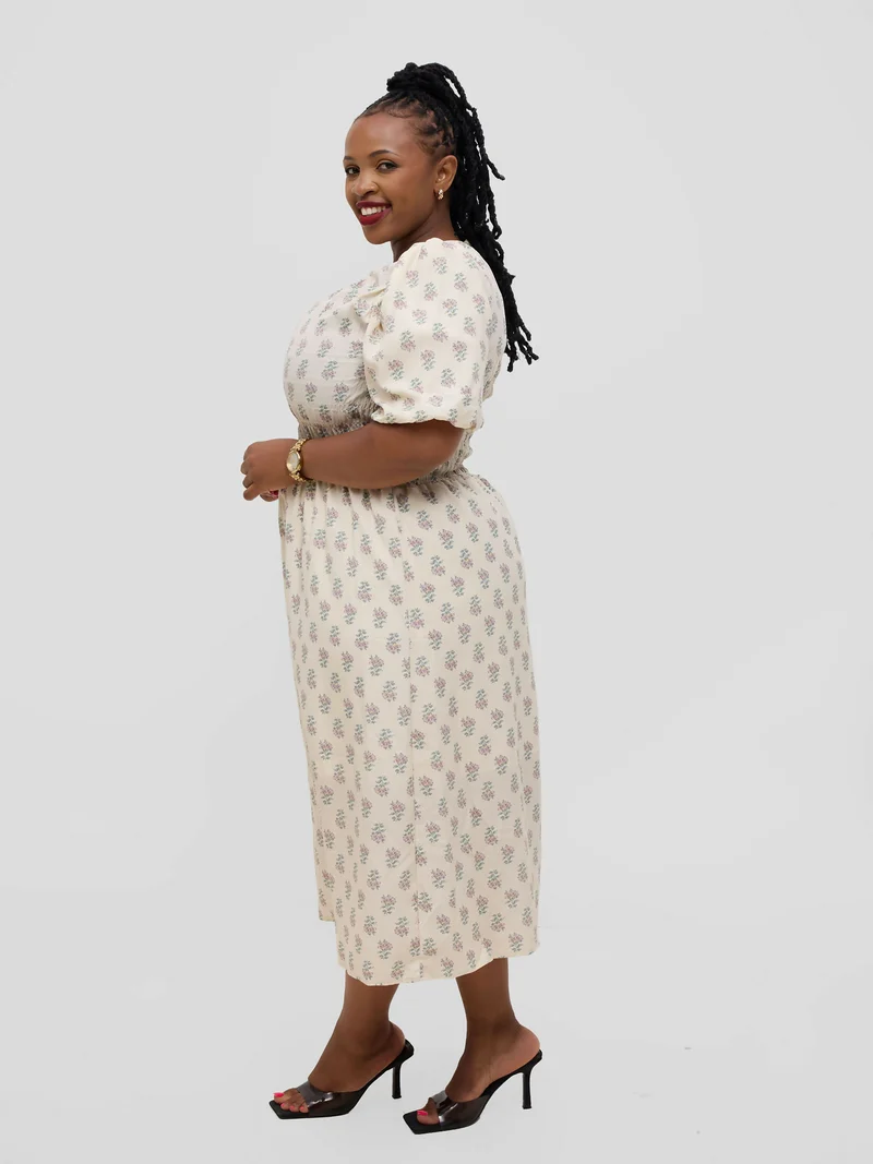 Hessed Floral Puff Short Sleeve A Line Round Neck Dress - Cream
