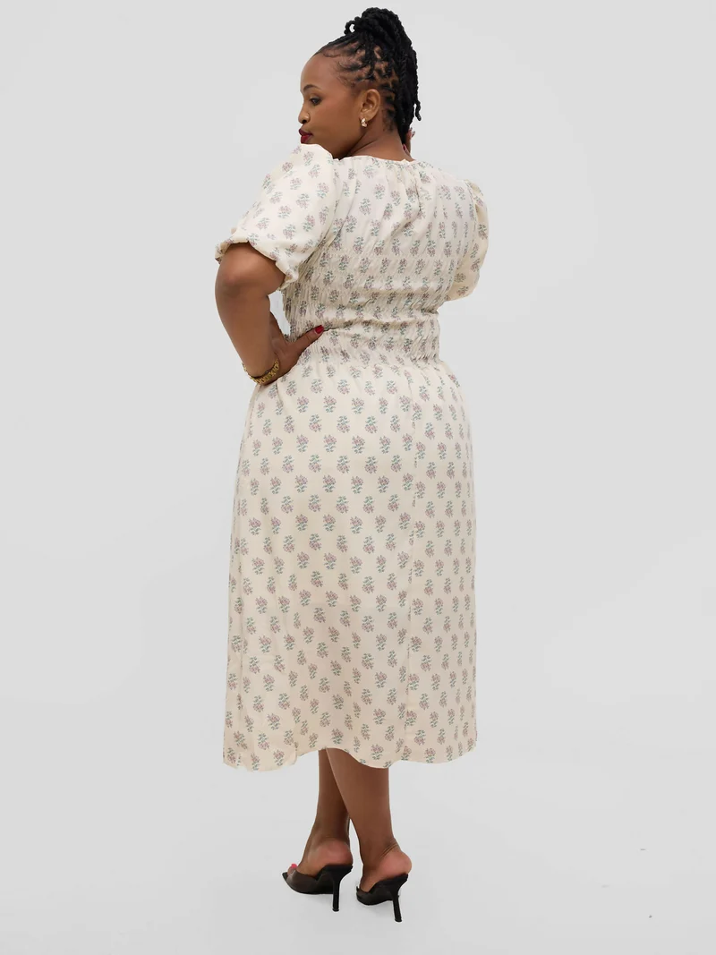 Hessed Floral Puff Short Sleeve A Line Round Neck Dress - Cream