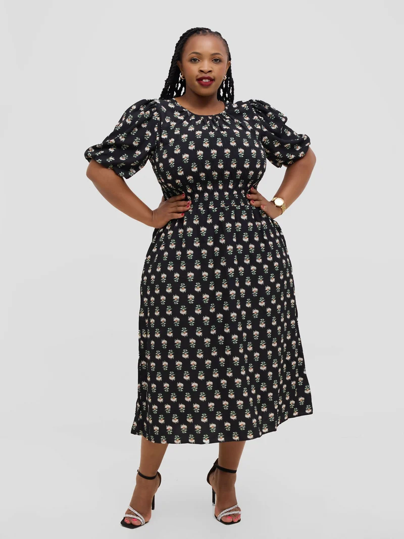 Hessed Floral Puff Short Sleeve A Line Round Neck Dress - Black