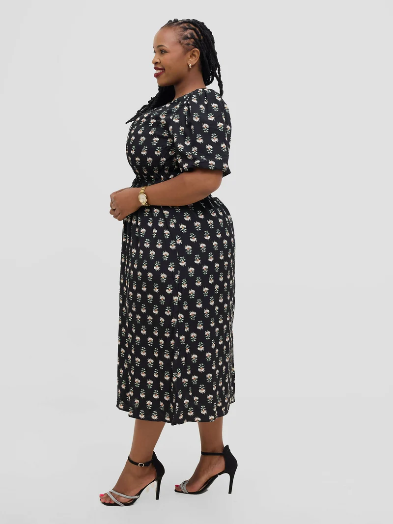 Hessed Floral Puff Short Sleeve A Line Round Neck Dress - Black