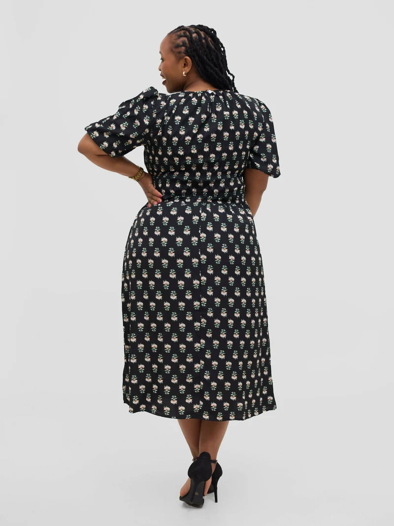 Hessed Floral Puff Short Sleeve A Line Round Neck Dress - Black