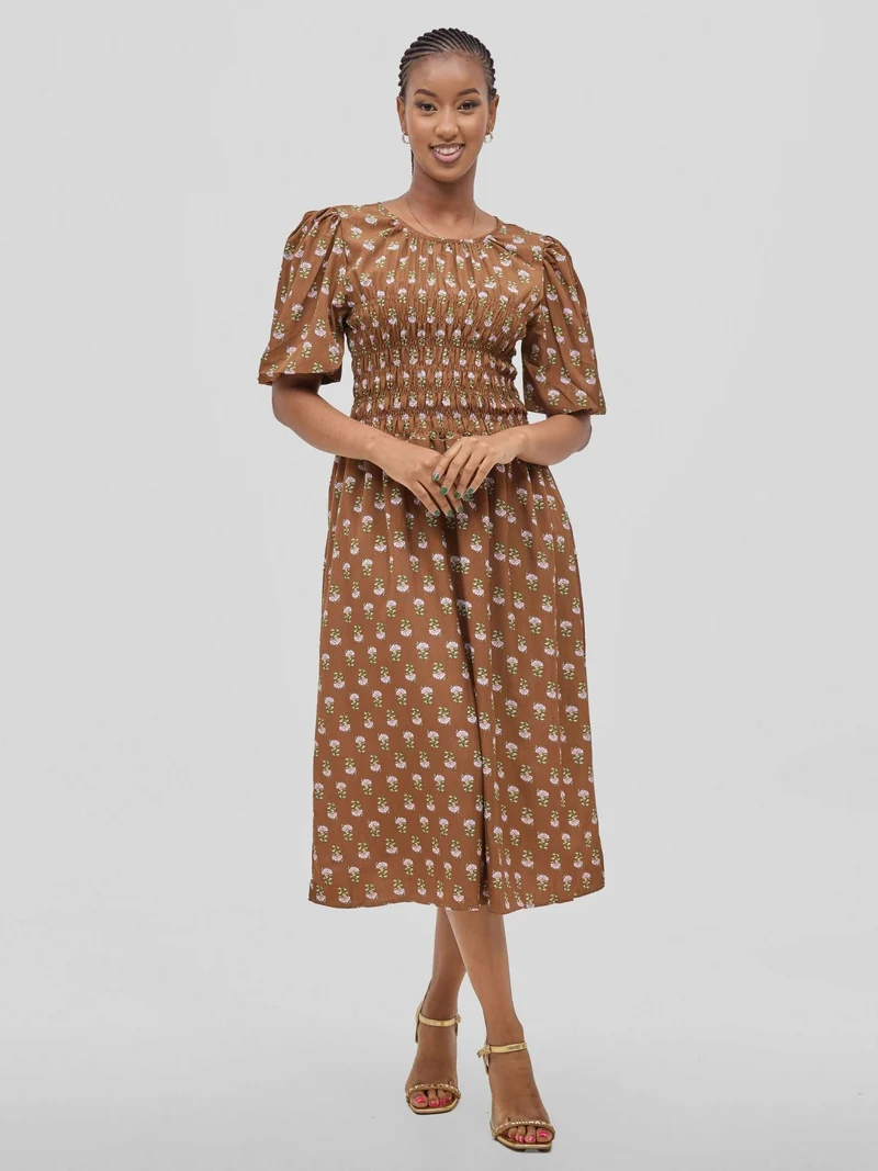 Hessed Floral Puff Short Sleeve A Line Round Neck Dress - Brown