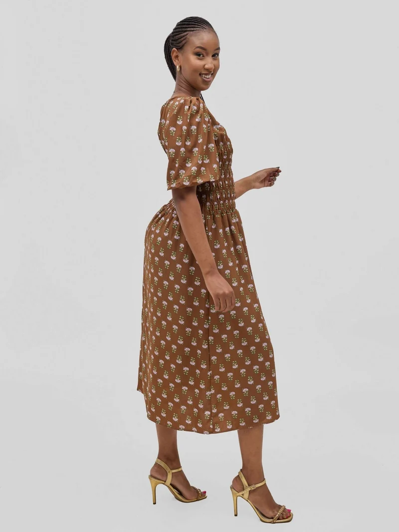 Hessed Floral Puff Short Sleeve A Line Round Neck Dress - Brown