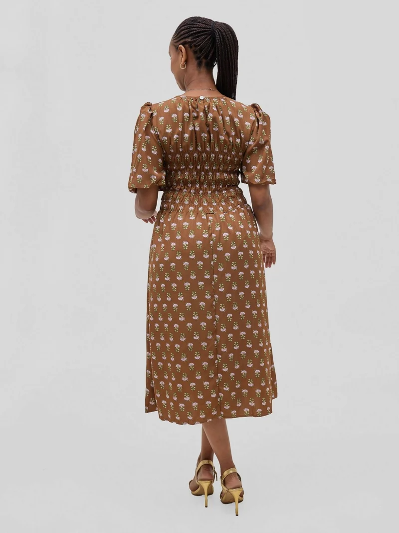 Hessed Floral Puff Short Sleeve A Line Round Neck Dress - Brown