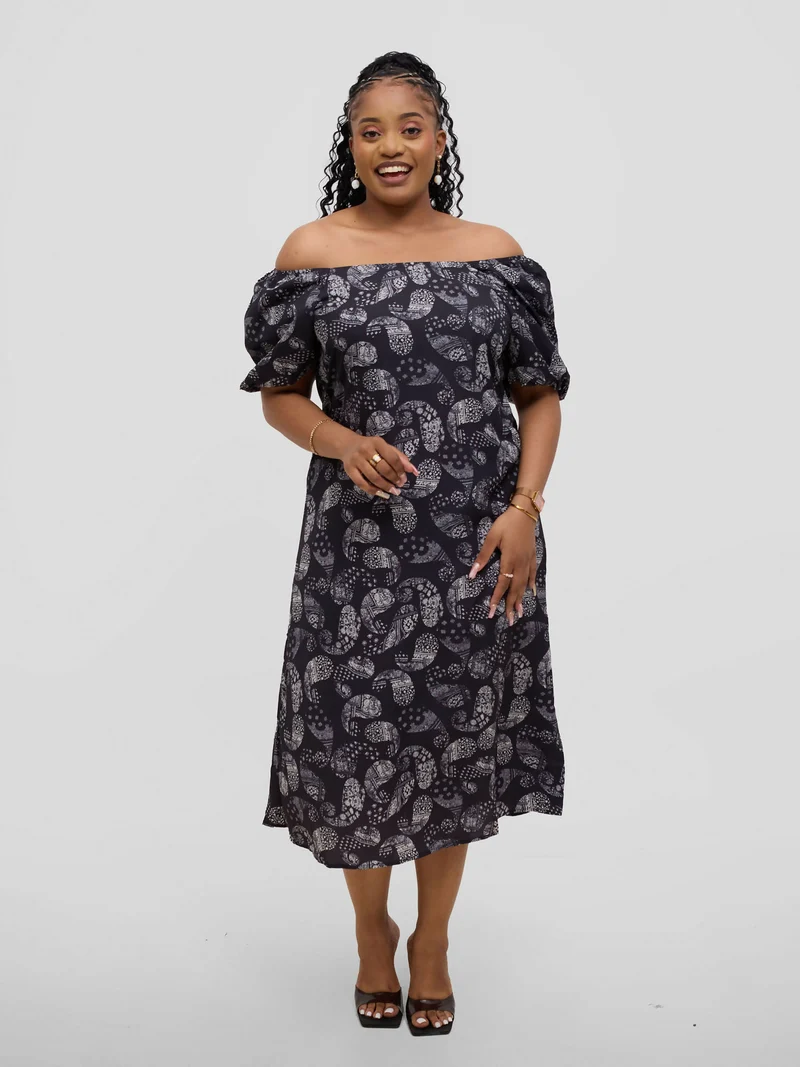 Hessed Off Shoulder Ballon Sleeve Dress - Black