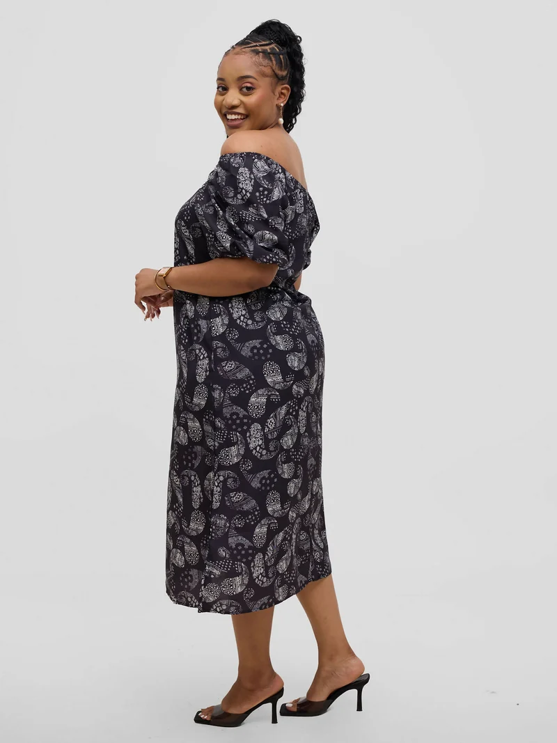 Hessed Off Shoulder Ballon Sleeve Dress - Black