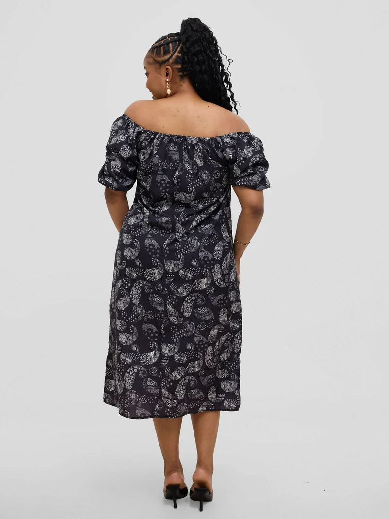 Hessed Off Shoulder Ballon Sleeve Dress - Black