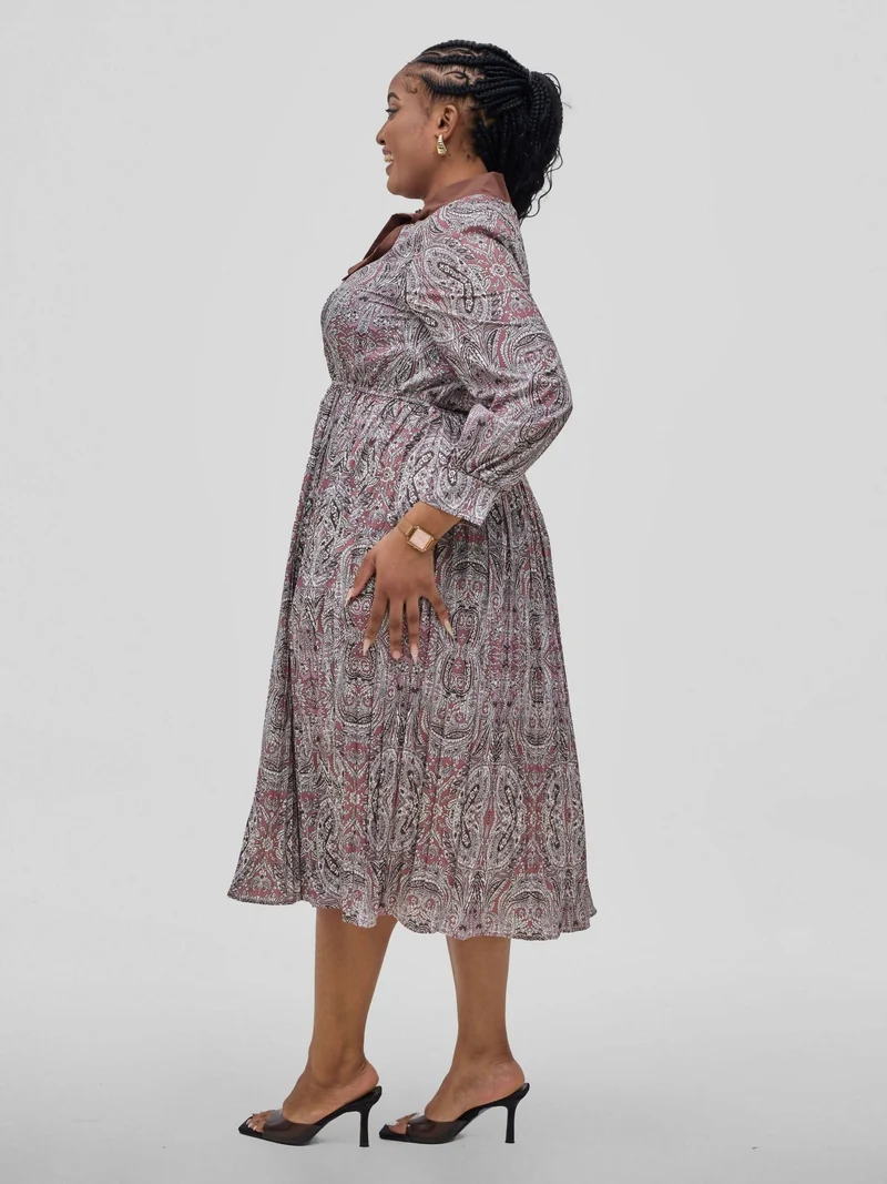 Hessed Tie Neck flower prints pleated Long Sleeve Dress - Brown