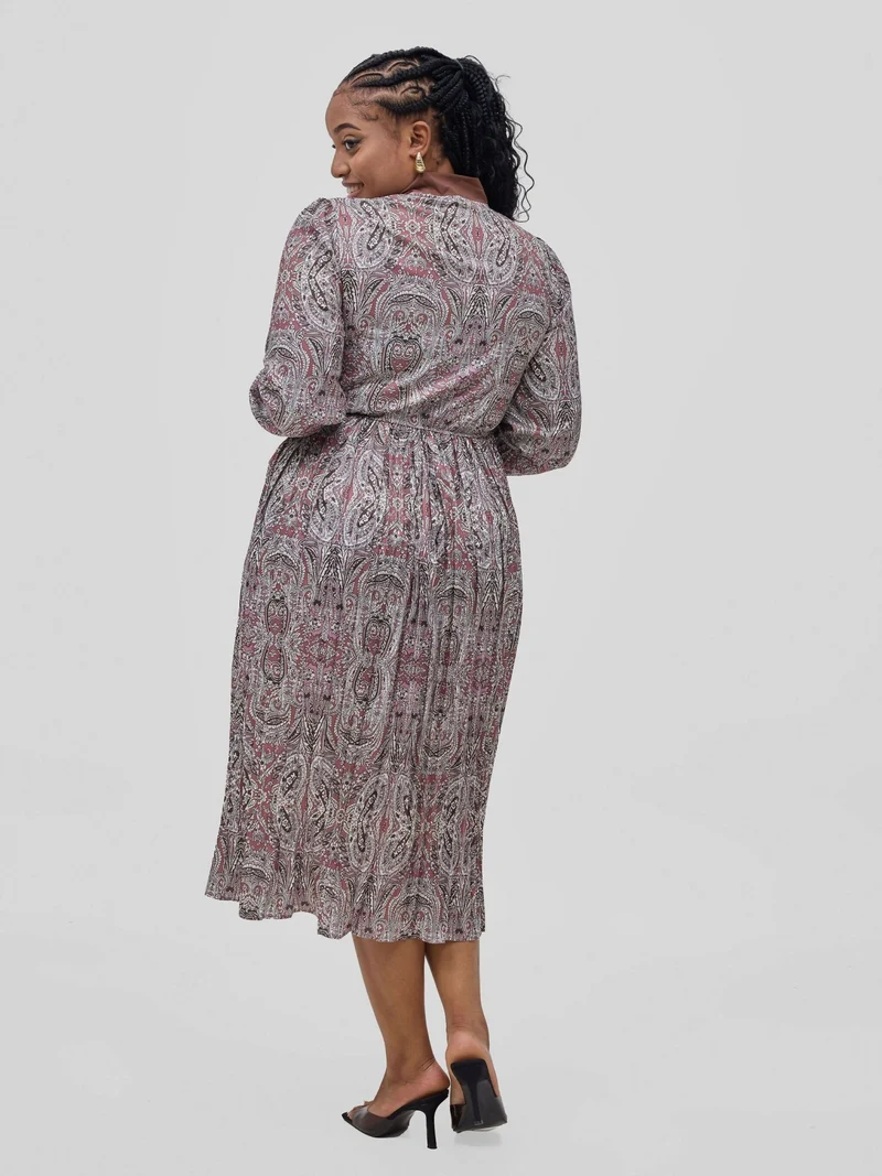 Hessed Tie Neck flower prints pleated Long Sleeve Dress - Brown